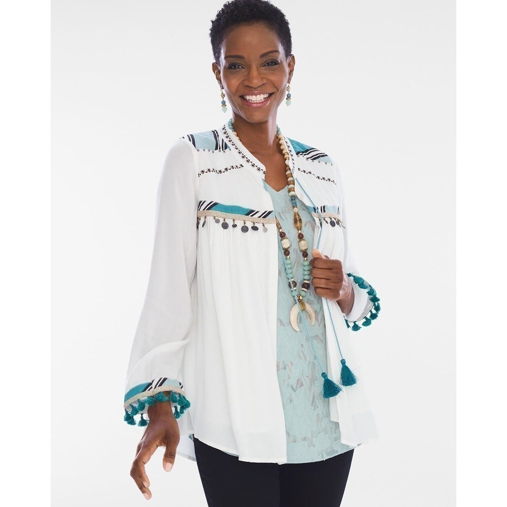 Chico’s Tassel Tie Embroidered Jacket White Size L/12